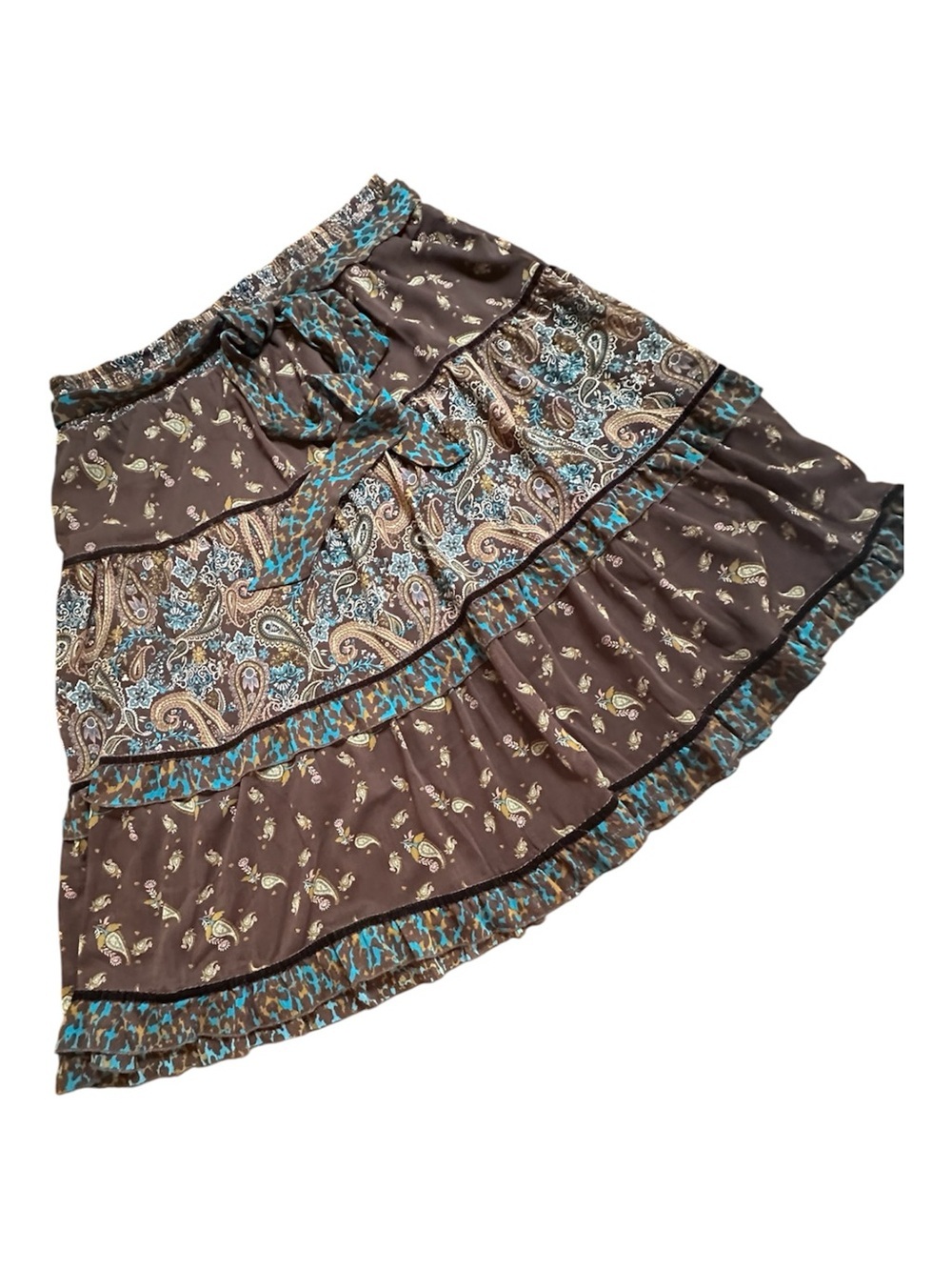 Cato Brown Paisley Tiered Skirt with Teal Trim